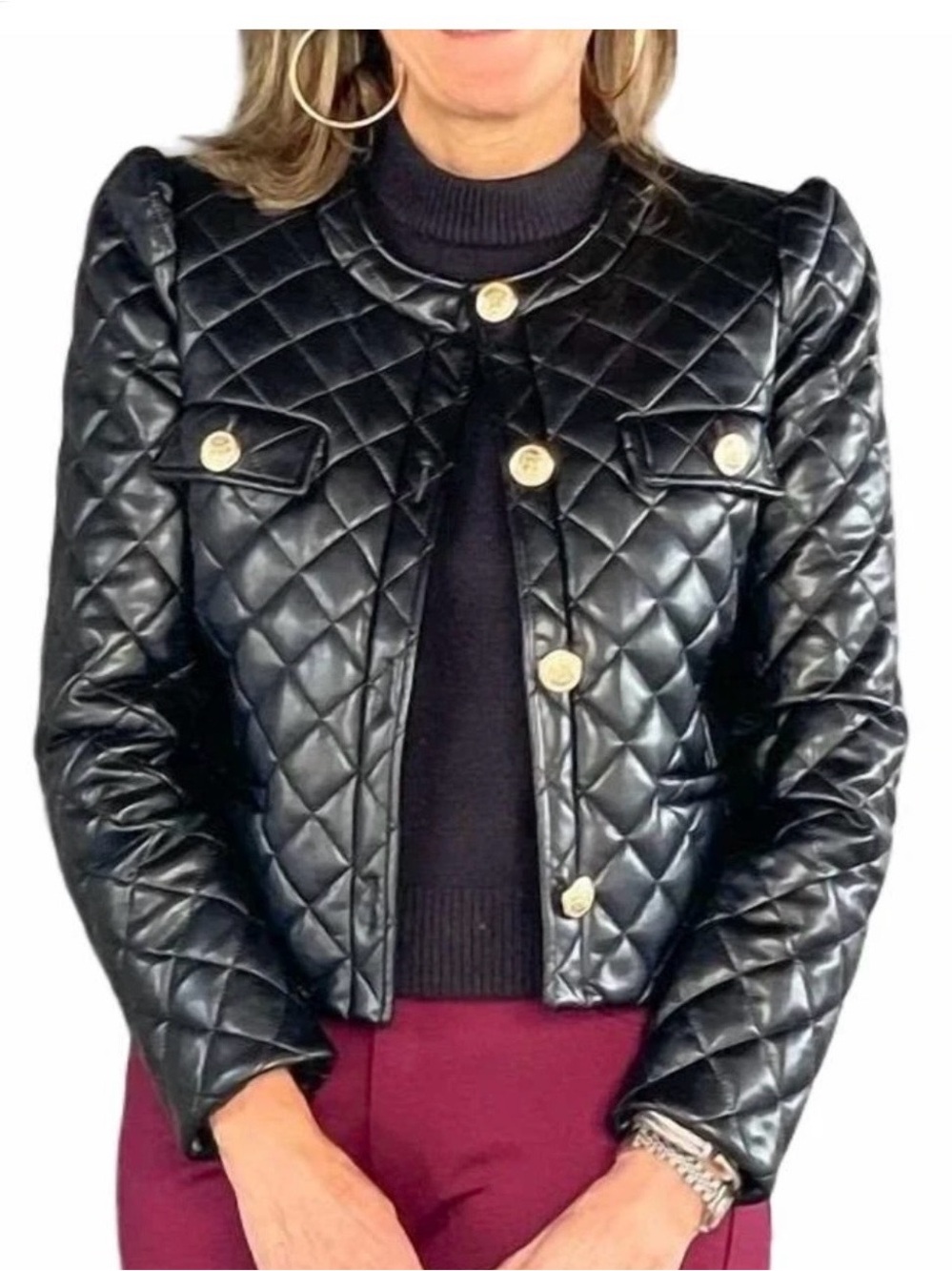 Society Quilted Black Faux Leather Bomber Jacket with Gold Buttons M